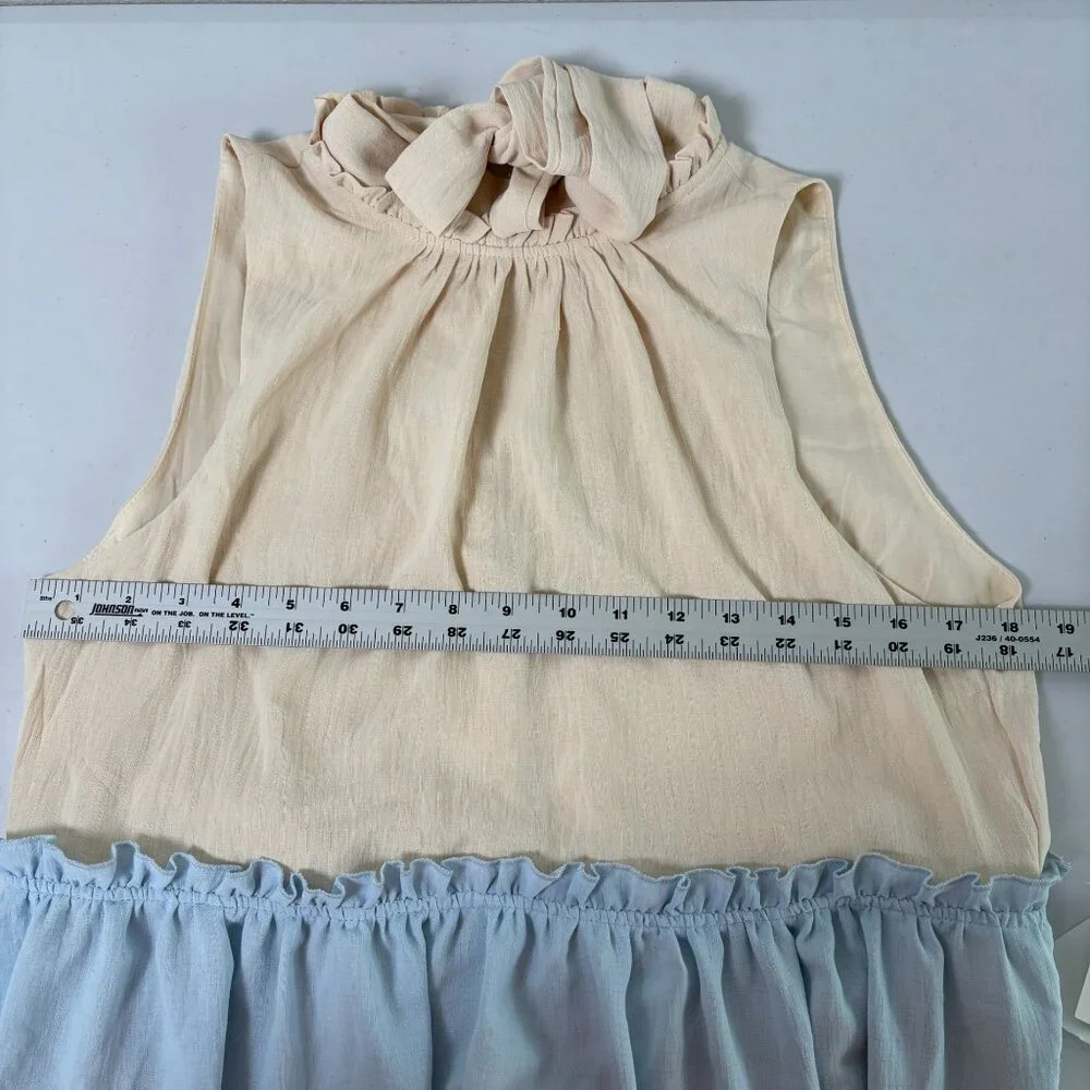 One One Six Dress Size S Blue Cream Tiered Open Back Tie Neck Boho Cottage - Picture 11 of 12